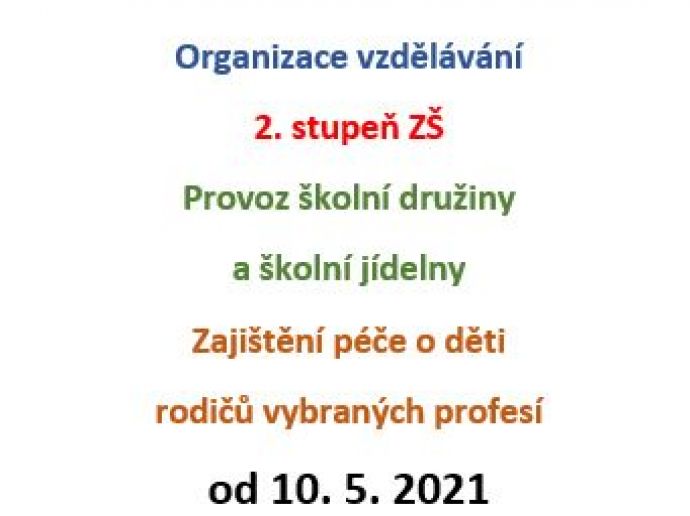 ORGANIZACE VÝUKY NA 2.stupni – 6. až 9. ročník - od 10. 5. 2021 - se změnami od 24. 5. 2021